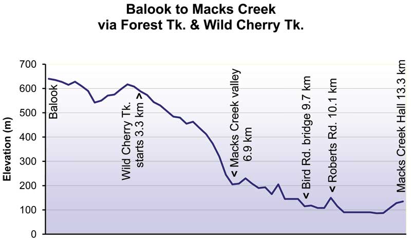 Elevation profile: drops from about 640 m at Balook to 200 m by the Macks Creek valley (6.9 km), then mostly flat around 100 m to Macks Creek Hall (13.3 km)